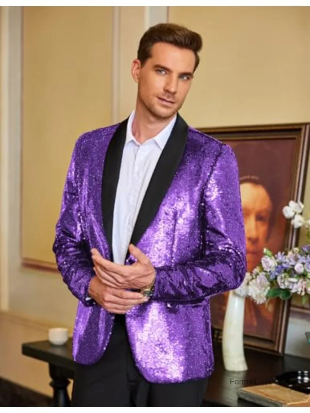 Men's Sequin Blazer Tuxedo Jacket One Button Shawl Collar Party Prom